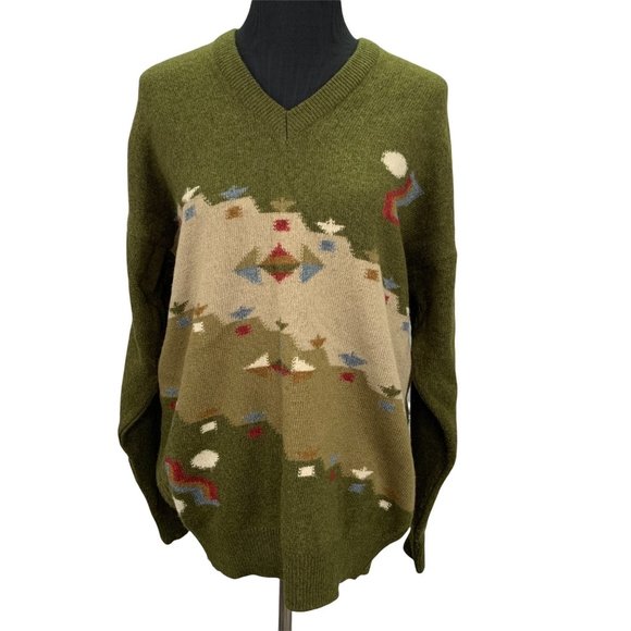 Vintage Aztec Tribal Sweater size L Olive Green V-Neck Wool 105 cms - Picture 1 of 4